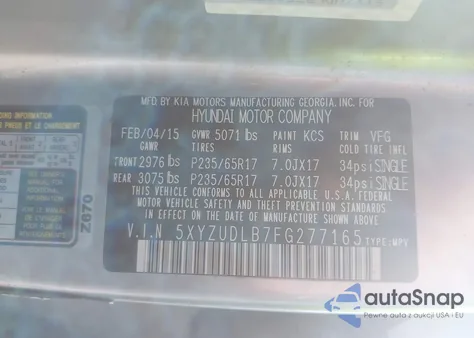 2015 Hyundai Santa Fe Sport 2.4L z USA, uszkodzony, nr VIN 5XYZUDLB7FG277165